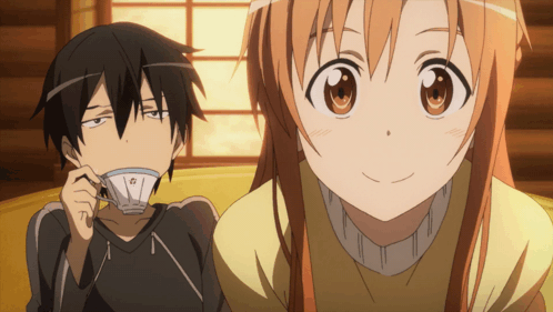 A Couple Of Anime Characters One Of Which Is Drinking From A Cup GIF
