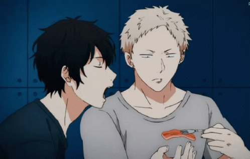 A Couple Of Anime Characters One Of Which Is Eating A Piece Of Meat GIF