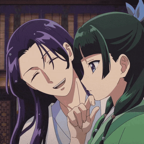 A Couple Of Anime Characters One With Purple Hair And The Other Green Hair GIF