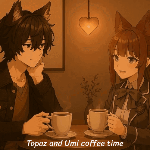 A Couple Of Anime Characters Sitting At A Table Holding Cups Of Coffee With The Words Topaz And Umi Coffee Time Below Th GIF