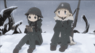 A Couple Of Anime Characters Sitting In The Snow GIF