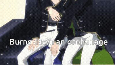 A Couple Of Anime Characters Sitting On A Couch With The Words Burns Down An Orphanage Below Them GIF