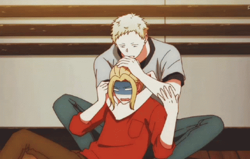 A Couple Of Anime Characters Sitting On The Floor With One Covering His Eyes GIF