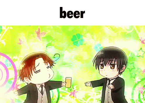 A Couple Of Anime Characters Standing Next To Each Other Holding Glasses Of Beer . GIF