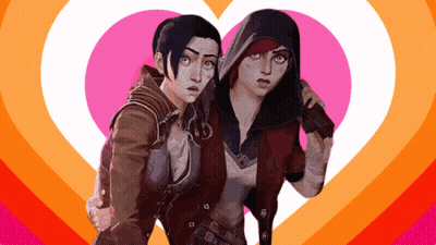 A Couple Of Anime Characters Standing Next To Each Other In Front Of A Heart GIF