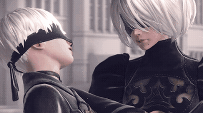 A Couple Of Anime Characters Standing Next To Each Other Looking At Each Other GIF