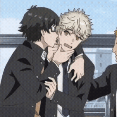 A Couple Of Anime Characters Standing Next To Each Other . One Of The Characters Is Kissing The Other On The Cheek . GIF