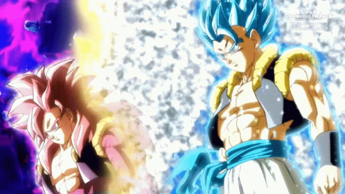 A Couple Of Anime Characters Standing Next To Each Other With A Purple Background GIF