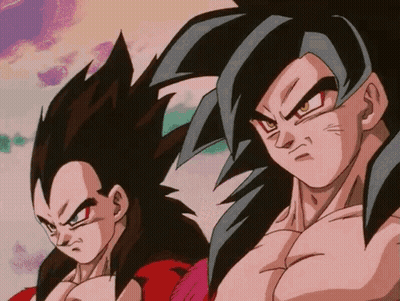 A Couple Of Anime Characters Standing Next To Each Other With A Purple Sky In The Background GIF
