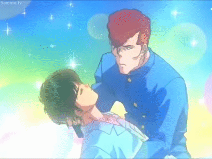 A Couple Of Anime Characters Standing Next To Each Other With A Rainbow In The Background . GIF