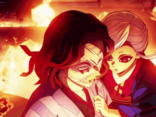 A Couple Of Anime Characters Standing Next To Each Other With Fire In The Background GIF