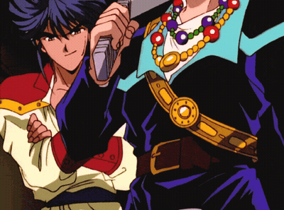 A Couple Of Anime Characters Standing Next To Each Other With One Holding A Sword GIF