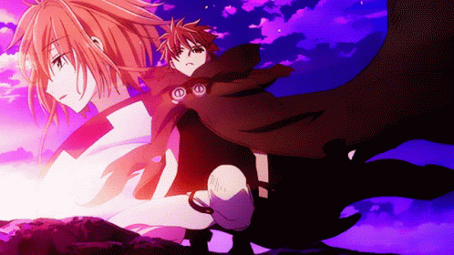 A Couple Of Anime Characters Standing Next To Each Other With Purple Sky In The Background GIF