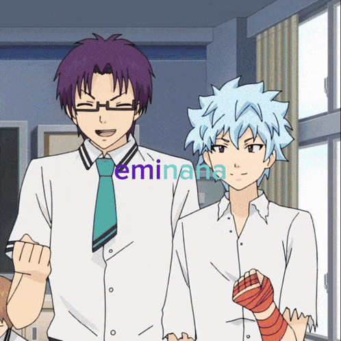 A Couple Of Anime Characters Standing Next To Each Other With The Name Eminata On The Bottom Right GIF