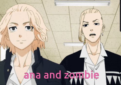 A Couple Of Anime Characters Standing Next To Each Other With The Words Ana And Zombie In Pink GIF