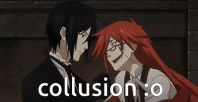 A Couple Of Anime Characters Standing Next To Each Other With The Words Collusion O Written On The Bottom GIF