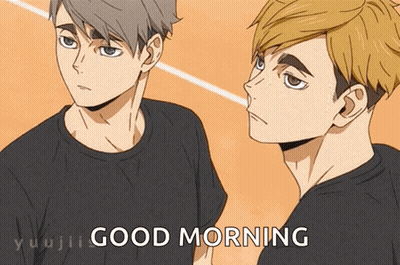A Couple Of Anime Characters Standing Next To Each Other With The Words Good Morning Written On The Bottom GIF
