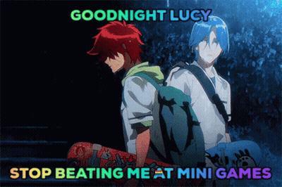 A Couple Of Anime Characters Standing Next To Each Other With The Words Goodnight Lucy Stop Beating Me At Mini Games GIF