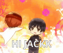 A Couple Of Anime Characters Standing Next To Each Other With The Words `` Hi Jackk '' Written On It . GIF