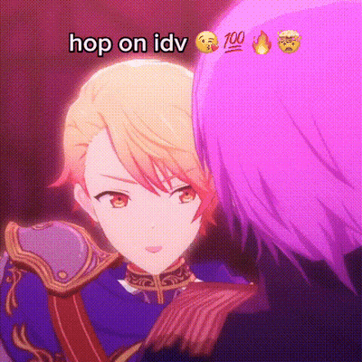 A Couple Of Anime Characters Standing Next To Each Other With The Words `` Hop On Idv '' Written On The Bottom . GIF