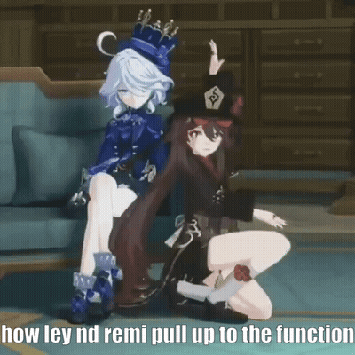 A Couple Of Anime Characters Standing Next To Each Other With The Words `` How Ley Nd Remi Pull Up To The Function '' GIF