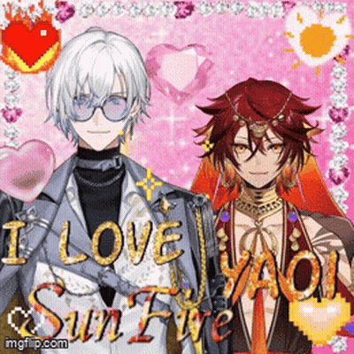 A Couple Of Anime Characters Standing Next To Each Other With The Words " I Love Yaoi Sun Eve " GIF
