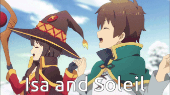 A Couple Of Anime Characters Standing Next To Each Other With The Words Isa And Soleil Below Them GIF