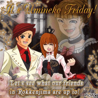 A Couple Of Anime Characters Standing Next To Each Other With The Words " Let 'S See What Our Friends In Rokkenjima Are  GIF