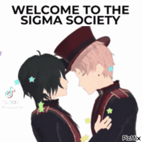 A Couple Of Anime Characters Standing Next To Each Other With The Words Welcome To The Sigma Society . GIF