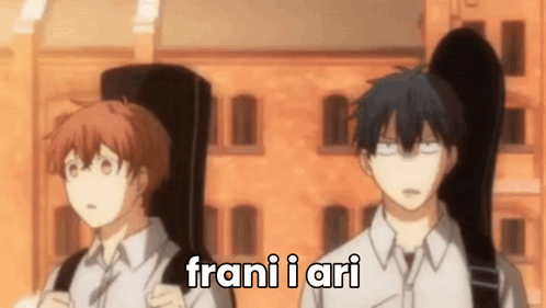 A Couple Of Anime Characters Standing Next To Each Other With Their Guitars . GIF