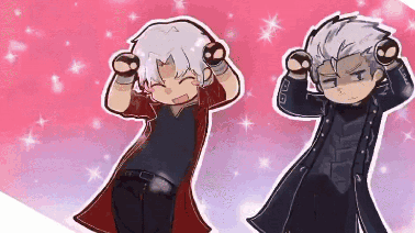 A Couple Of Anime Characters Standing Next To Each Other With Their Hands In The Air . GIF