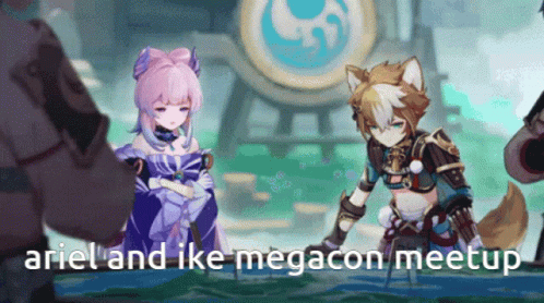 A Couple Of Anime Characters With The Words Ariel And Ike Megacon Meetup On The Bottom GIF