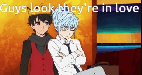 A Couple Of Anime Characters With The Words Guys Look They 'Re In Love On The Bottom GIF