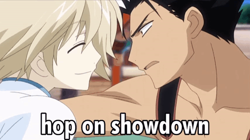 A Couple Of Anime Characters With The Words Hop On Showdown GIF