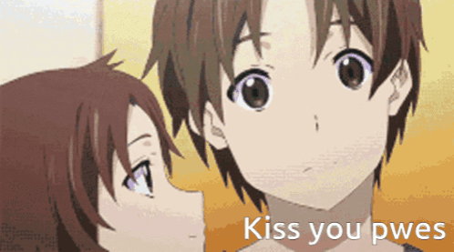 A Couple Of Anime Characters With The Words Kiss You Pwes Written On The Bottom GIF