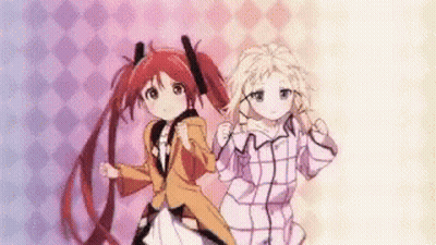 A Couple Of Anime Girls Are Standing Next To Each Other On A Pink And Blue Background . GIF