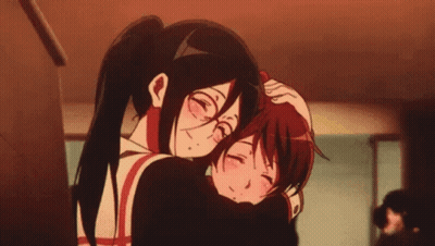 A Couple Of Anime Girls Hugging Each Other With One Girl Holding The Other 'S Head GIF