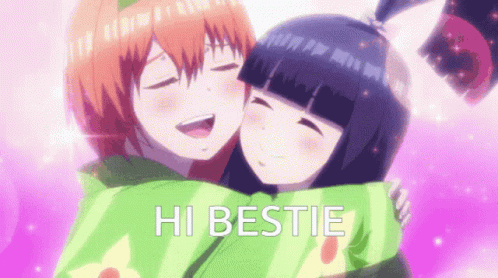 A Couple Of Anime Girls Hugging Each Other With The Words Hi Bestie On The Bottom GIF