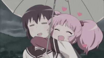 A Couple Of Anime Girls Hugging Under An Umbrella . GIF