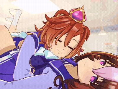 A Couple Of Anime Girls Laying On Top Of Each Other With One Wearing A Crown GIF