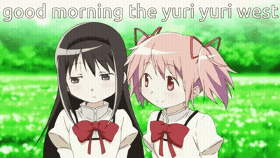 A Couple Of Anime Girls Standing Next To Each Other With The Words Good Morning The Yuri Yuri West GIF