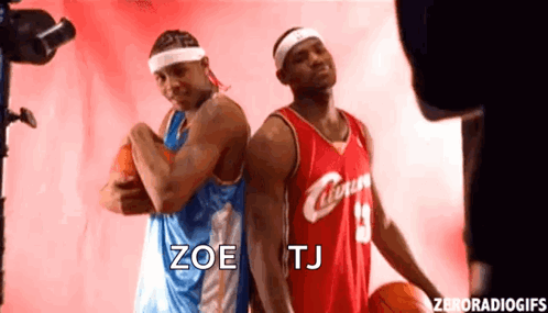 A Couple Of Basketball Players Standing Next To Each Other With Zoe And Tj Written On The Bottom GIF