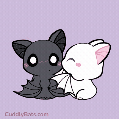 A Couple Of Bats Are Sitting Next To Each Other On A Purple Background With The Website Cuddlybats.com GIF