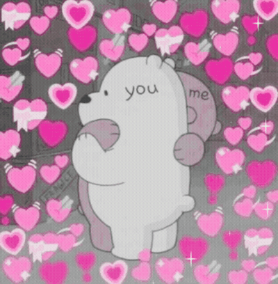 A Couple Of Bears Hugging Each Other With Hearts Surrounding Them . GIF