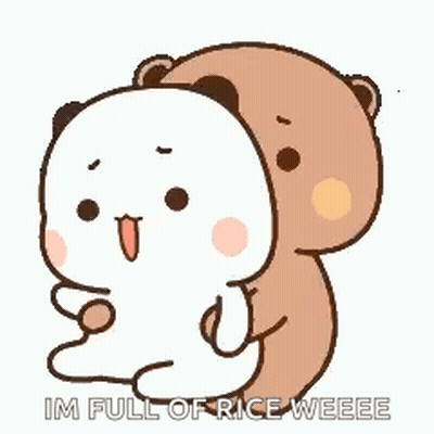 A Couple Of Bears Hugging Each Other With The Words `` I 'M Full Of Rice Weeeee '' . GIF