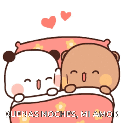 A Couple Of Bears Laying On A Bed With The Words " Buenas Noches Mi Amor " On The Bottom GIF