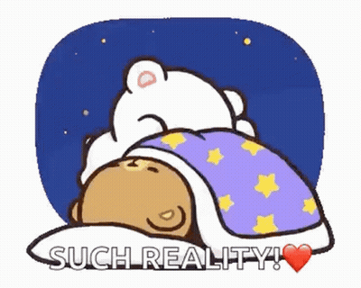 A Couple Of Bears Sleeping Under A Blanket With The Words `` Good Night Such Reality '' Written On It . GIF