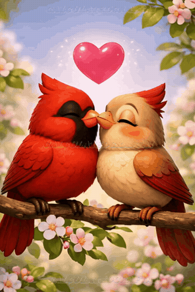 A Couple Of Birds Kissing On A Tree Branch With A Heart Above Them GIF