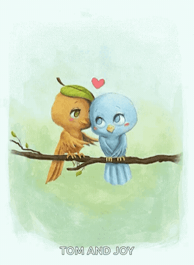 A Couple Of Birds Sitting On A Branch With The Words Tom And Joy Written Below Them GIF