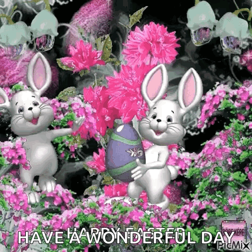 A Couple Of Bunny Rabbits Holding An Easter Egg In A Garden With Pink Flowers . GIF